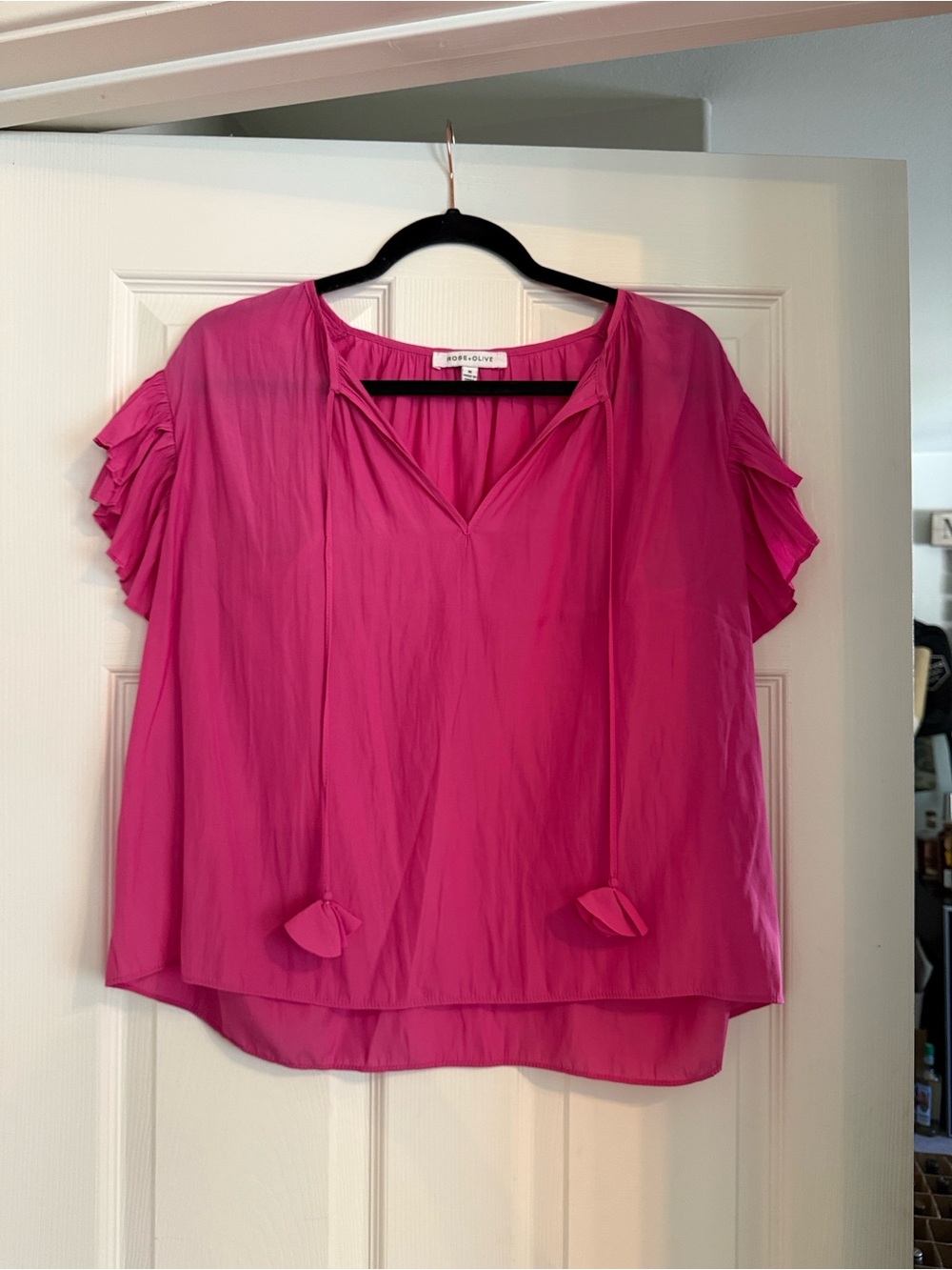 Rose & Olive Magenta Ruffle Sleeve V-Neck Blouse